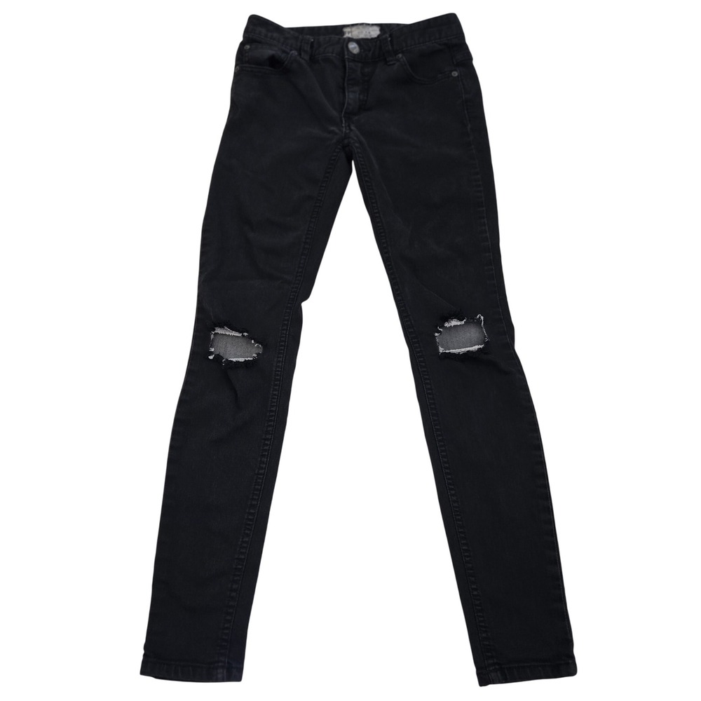 FREE PEOPLE W24 Skinny Jeans High Rise Busted Knee Black Stretch Denim Y2K 24x27
